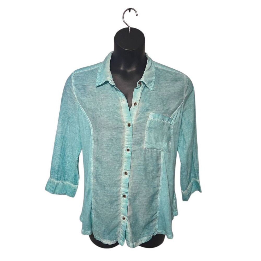 Style & Co. Aqua Blue Mixed Media Mineral Wash Button-Down Shirt - Size L